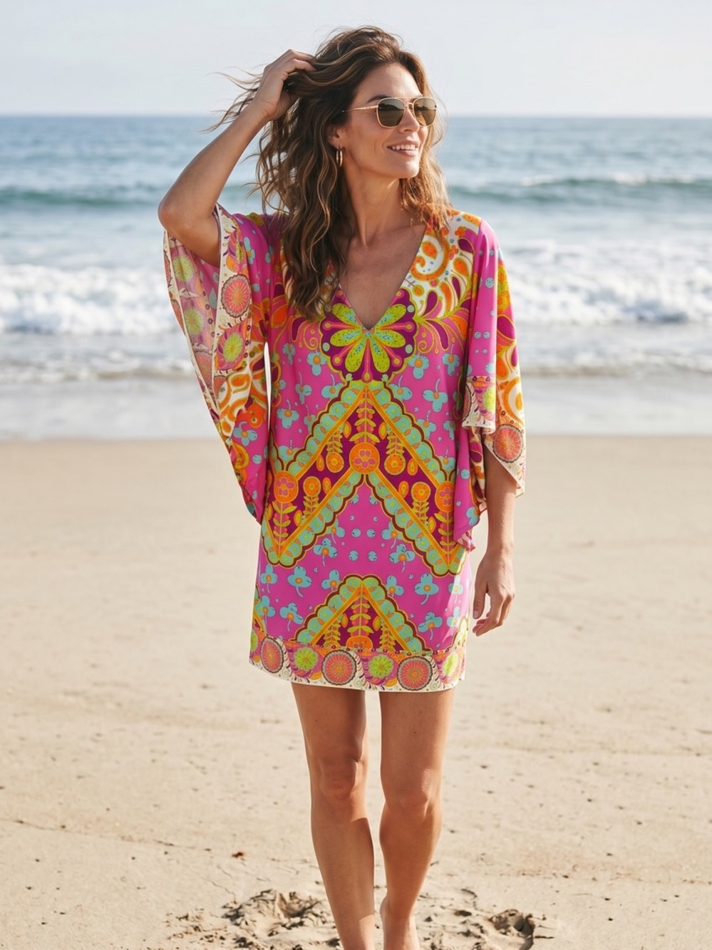 Trina Turk Woodblock Bright stretch Tunic Beach Cover Up XS $148